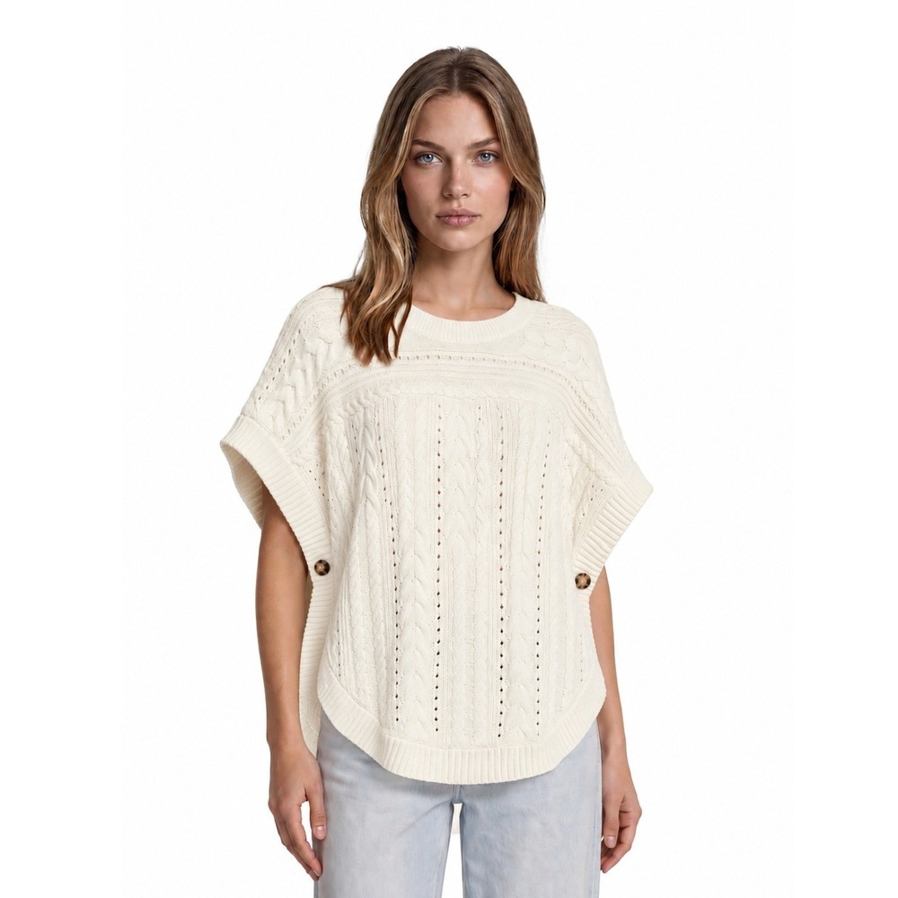 Talbots Poncho Sweater Women's Size XS/S Ivory Cable Knit Crew Neck Side Buttons